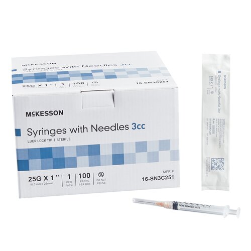 McKesson Syringe with Hypodermic Needle 3 mL 25 Gauge 1 Inch Detachable Needle Without Safety, 100/BX