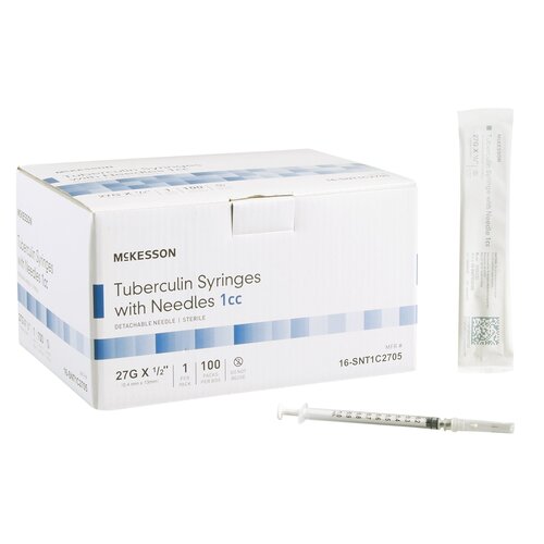 McKesson Syringe with Hypodermic Needle 1 mL 27 Gauge 1/2 Inch Detachable Needle Without Safety, 100/BX, 10BX/CS