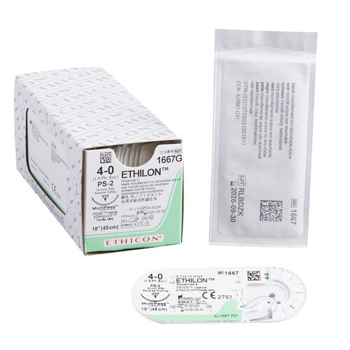 J & J Healthcare Systems suture with needle Ethilon Nonabsorbable Uncoated Black Suture Monofilament Nylon Size 4-0 18 Inch Suture 1-Needle Size 4 - 0 3/8 Circle Reverse Cutting Needle, 12/BX