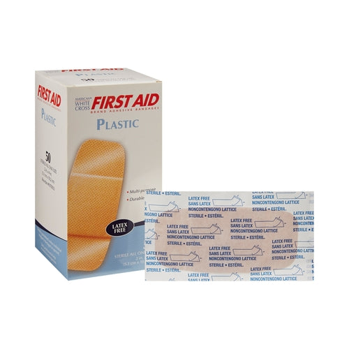 Dukal Adhesive Strip American® White Cross First Aid 2 x 4" Plastic Rectangle Tan Sterile, 50 EA/BX, 24BX/CS