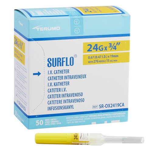 Terumo Medical Peripheral IV Catheter Surflo® 24 Gauge 3/4" Without Safety, 50 EA/BX, 4BX/CS