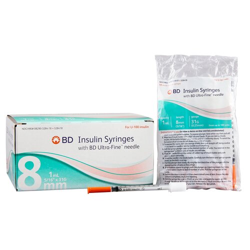 BD Insulin Syringe with Needle Ultra-Fine™ 1 mL 31 Gauge 5/16 Inch Attached Needle Without Safety, 100/BX, 5BX/CS