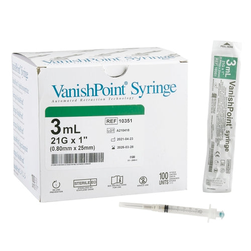 Retractable Technologies Syringe with Hypodermic Needle VanishPoint® 3 mL 21 Gauge 1 Inch Attached Needle Retractable Needle, 100 EA/BX