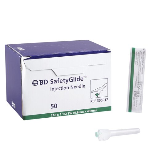 BD Hypodermic Needle SafetyGlide™ Sliding Safety Needle 21 Gauge 1-1/2 Inch, 50 EA/BX