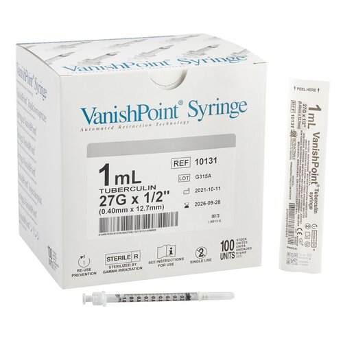 Retractable Technologies Tuberculin Syringe with Needle VanishPoint® 1 mL 27 Gauge 1/2 Inch Attached Needle Retractable Needle, 100 EA/BX
