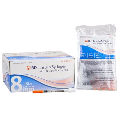 BD Insulin Syringe with Needle Ultra-Fine™ 1/2 mL 31 Gauge 5/16 Inch Attached Needle Without Safety, 100/BX, 5BX/CS