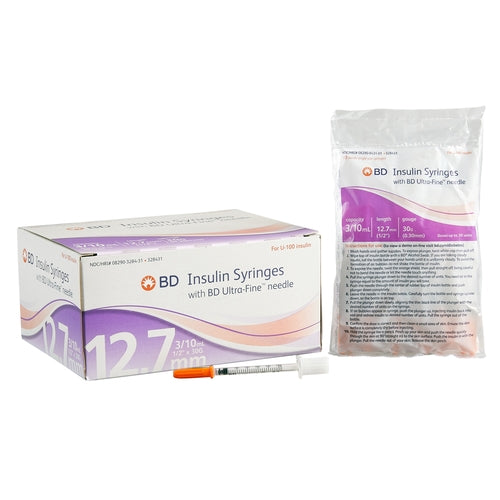 BD Insulin Syringe with Needle Ultra-Fine™ 3/10 mL 30 Gauge 1/2 Inch Attached Needle Without Safety, 100 EA/BX