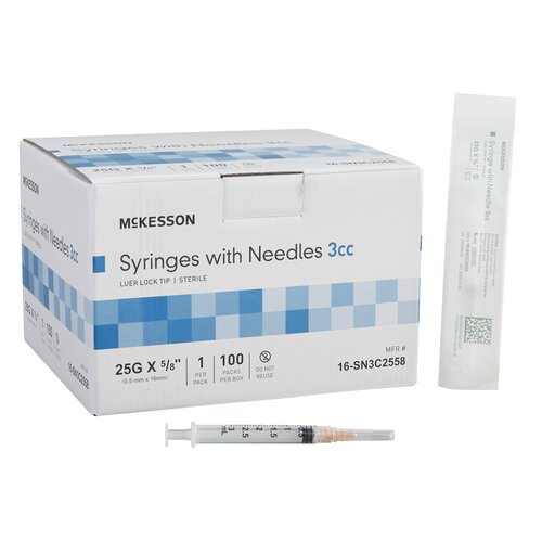 McKesson Syringe with Hypodermic Needle 3 mL 25 Gauge 5/8" Detachable Needle Without Safety, 1/EA
