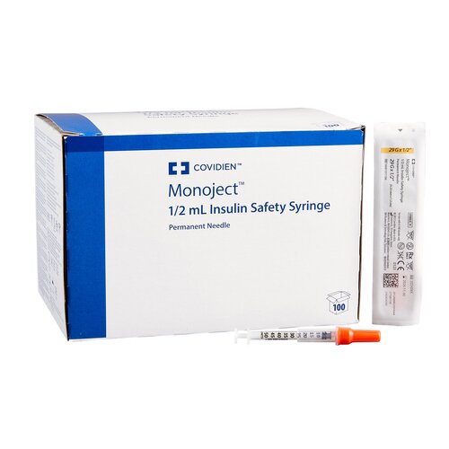 Covidien Insulin Syringe with Needle Monoject® 0.5 mL 29 Gauge 1/2" Attached Sliding Safety Needle, 100/BX, 5BX/CS