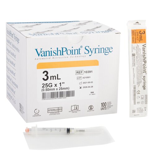 Retractable Technologies Syringe with Hypodermic Needle VanishPoint® 3 mL 25 Gauge 1 Inch Attached Needle Retractable Needle, 100 EA/BX, 6BX/CS