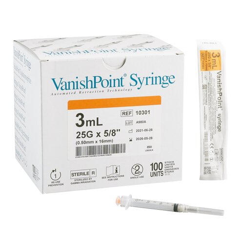 Retractable Technologies Syringe with Hypodermic Needle VanishPoint® 3 mL 25 Gauge 5/8 Inch Attached Needle Retractable Needle, 100 EA/BX, 6BX/CS