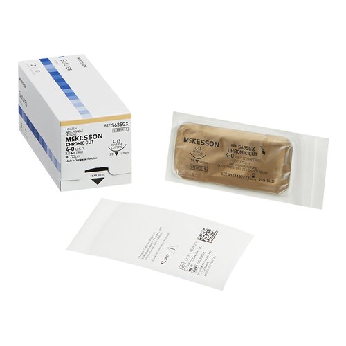 McKesson Suture with Needle Absorbable Uncoated Undyed Suture Chromic Gut Size 4 - 0 30 Inch Suture 1-Needle 19 mm Length 3/8 Circle Reverse Cutting Needle, 1/BX