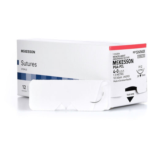 McKesson Suture with Needle Absorbable Uncoated Undyed Suture Monofilament Polyglycolic Acid / PCL Size 4 - 0 18 Inch Suture 1-Needle 19 mm Length 3/8 Circle Reverse Cutting Needle, 1/BX