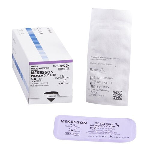McKesson Absorbable Suture with Needle Polyglycolic Acid P-13 3/8 Circle Precision Reverse Cutting Needle Size 5 - 0 Braided, 1/BX