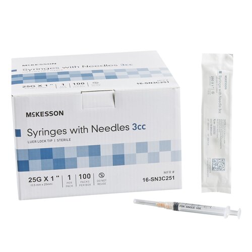 McKesson Syringe with Hypodermic Needle 3 mL 23 Gauge 1 Inch Detachable Needle Without Safety, 100/BX