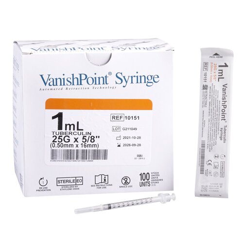 Retractable Technologies Tuberculin Syringe with Needle VanishPoint® 1 mL 25 Gauge 5/8 Inch Attached Needle Retractable Needle, 100 EA/BX