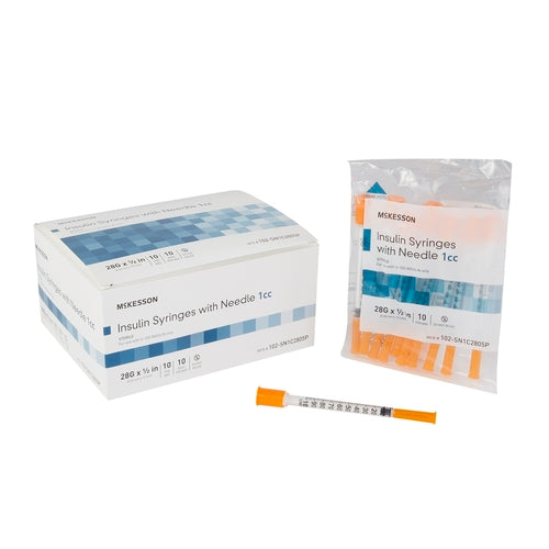 McKesson Insulin Syringe with Needle 1 mL 28 Gauge 1/2 Inch Attached Needle Without Safety, 100EA/BX