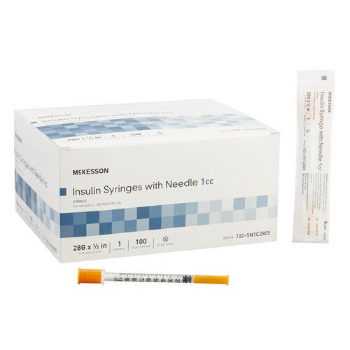McKesson Insulin Syringe with Needle 1 mL 28 Gauge 1/2 Inch Attached Needle Without Safety, 100/BX