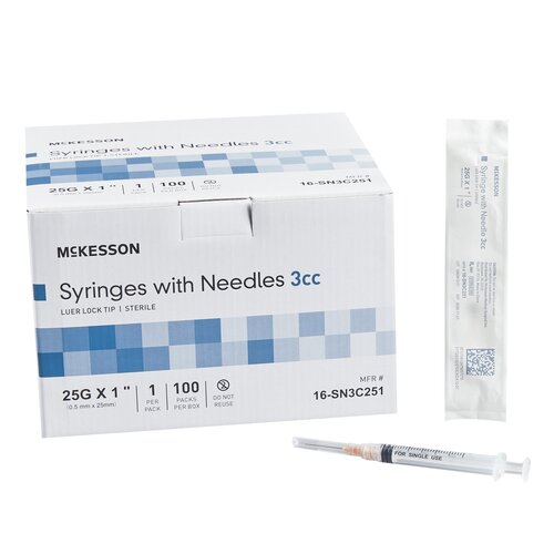 McKesson Syringe with Hypodermic Needle 3 mL 25 Gauge 1 Inch Detachable Needle. 100/Boxes, 10 per box (1,000 total)