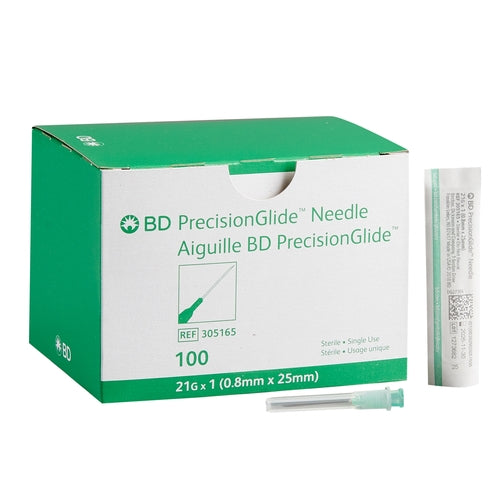 BD Hypodermic Needle PrecisionGlide Without Safety 21 Gauge 1 Inch Length, 100EA/BX