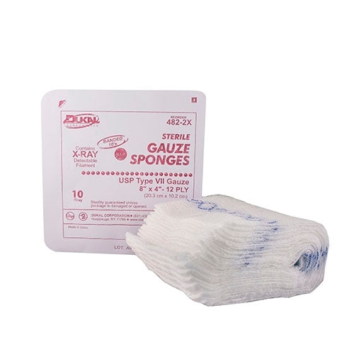 Dukal USP Type VII X-Ray Detectable Gauze Sponge Dukal Cotton 12-Ply 4 X 8 Inch Rectangle Sterile, 480/CS