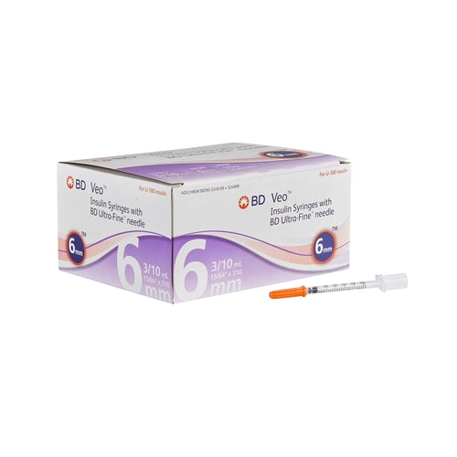 BD Insulin Syringe with Needle Ultra-Fine™ 0.3 mL 31 Gauge 15/64 Inch Attached Needle Without Safety, 100/BX