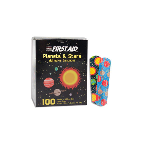 Dukal Adhesive Strip American® White Cross First Aid 0.625 x 2.25" Plastic Rectangle Kid Design (Planets / Stars) Sterile, 1200/CS