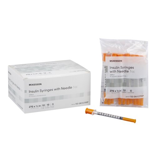 McKesson Insulin Syringe with Needle 1 mL 27 Gauge 1/2 Inch Attached Needle Without Safety, 100/BX, 5BX/CS