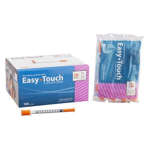 MHC Medical Insulin Syringe with Needle EasyTouch 1 mL 28 Gauge 1/2 Inch Attached Needle Without Safety, 100/BX