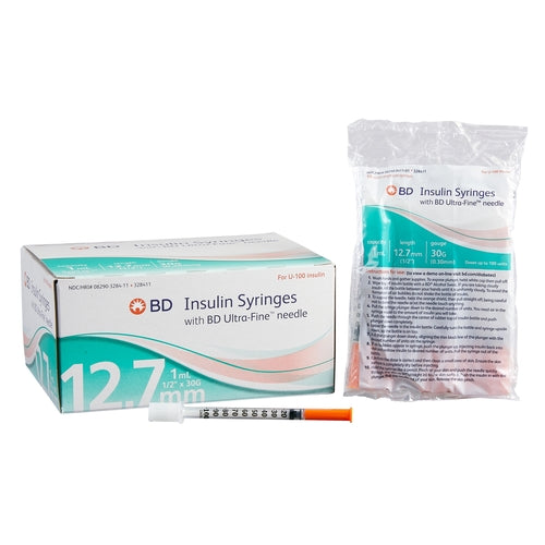 BD Insulin Syringe with Needle Ultra-Fine™ 1 mL 30 Gauge 1/2 Inch Attached Needle Without Safety, 100 EA/BX