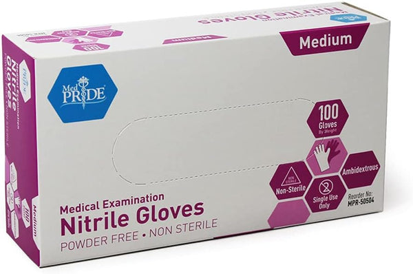 MedPride Powder-Free Nitrile Exam Gloves, Medium Box/100