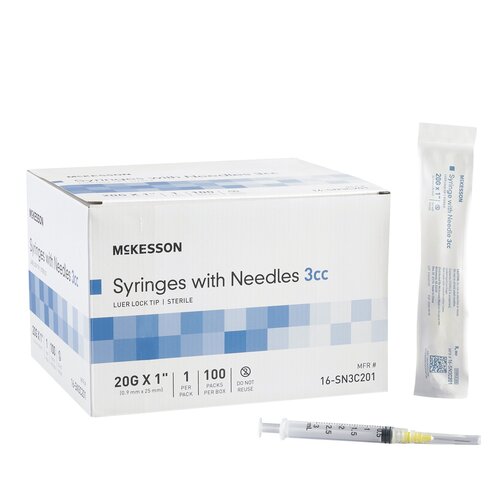 McKesson Syringe with Hypodermic Needle 3 mL 20 Gauge 1 Inch Detachable Needle Without Safety, 100/BX