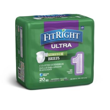 FitRight Stretch Ultra Incontinence Briefs with Center Tab Medium/Regular for 30"-52" Waist Size, 80 Each / Case